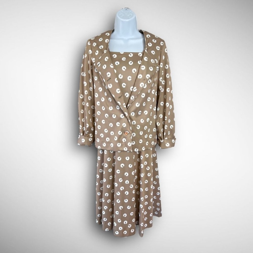 70s vintage dress & jacket set in taupe 8 union made in USA two piece beige tan
